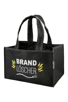 A black felt bag for carrying bottles, with text and graphics on the front.