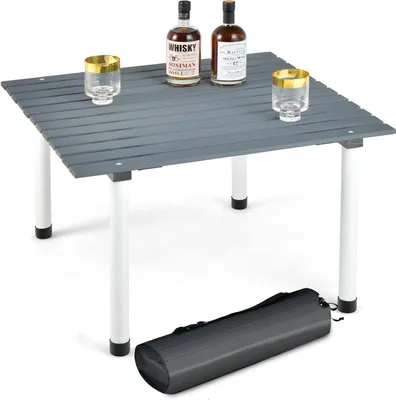 Produktbild von GOPLUS Campingtisch, Picknicktisch aufrollbar aus Tannenholz bis 50kg belastbar, Balkontisch Gartentisch leicht mit Tragetasche, 69 x 69 x 42 cm, Grau