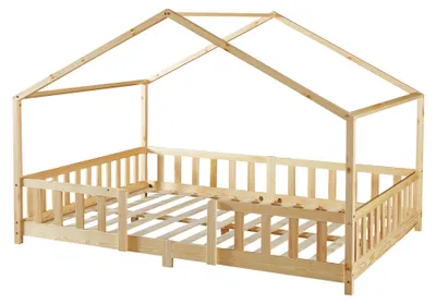 Produktbild von Kinderbett ’Treviolo‘ in Haus-Optik mit Rausfallschutz Kiefernholz 120 x 200 cm Holzfarben