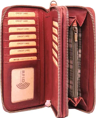 Produktbild von Benthill Damen Geldbörse Groß Leder RFID - Portemonnaie aus echtem Rindsleder - Geldtasche mit Doppeltem Reißverschluss - Geldbeutel mit vielen Kartenfächer