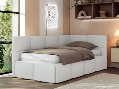 Produktbild von MKS MEBLE Jugendbett 90x200 cm ARVO Polsterbett mit Bettkasten, Mettalrahmen Stauraum & Gasdruckfeder, ohne Matratze - Weiß Kunstleder - Rechts Seite