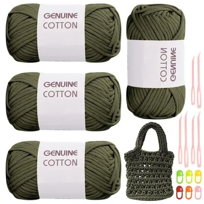 Image de Fil à crocheter, couleur vert militaire, lot de 4 pièces, composition coton-nylon, idéal pour les débutants, avec accessoires