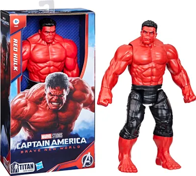 A toy action figure of Red Hulk is shown next to its packaging. The packaging features artwork of Red Hulk and branding for "Captain America: Brave New World."