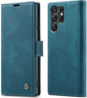 A teal-colored phone case with a wallet and card slots is shown from the front and back.