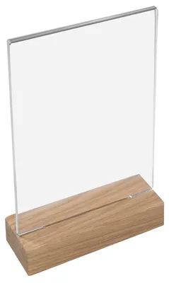 Tischaufsteller mit Holzfußaus Acryl im Hochformat von HMF in DIN A5