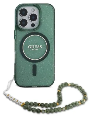 A green glitter phone case with a pearl strap is displayed against a white background.