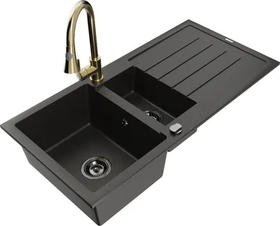 Produktbild von Mexen Andres 1,5-Becken-Granitspüle mit Abtropffläche und Mischbatterie Elia, Schwarz/Gold metallisch - 6515-75-670101-50-B