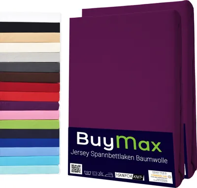 Produktbild von Buymax Spannbettlaken 90x200cm Doppelpack 100% Baumwolle Spannbetttuch Bettlaken Jersey, Matratzenhöhe bis 25 cm, Farbe Aubergine