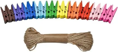 Mini Bunte Holzklammern für Kleidung und Fotos - 100 Stück Starke Wäscheklammern mit Schnur für kreative Projekte und