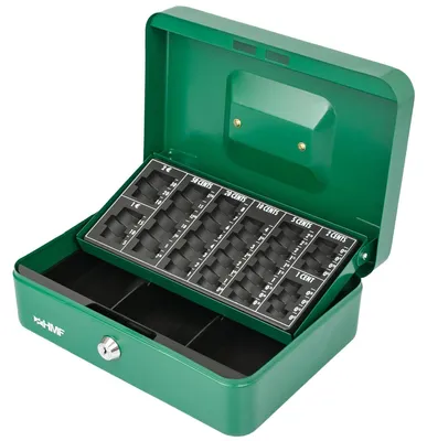 Immagine prodotto di Cassetta portamonete chiudibile, cassa con scomparto per monete in euro, 3 scomparti per banconote | 25 x 18 x 9 cm | Verde
