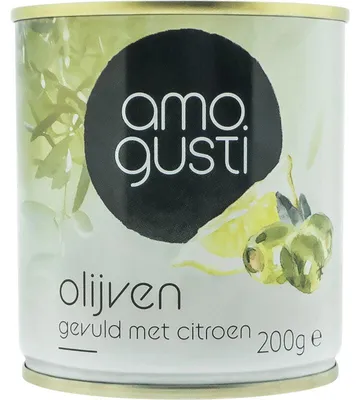 Obrázek produktu pro Amogusti Olijven plněné citronem, 200 g - aromatické, šťavnaté olivy