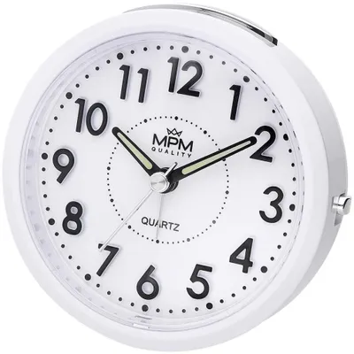 Obrázek produktu pro MPM-Quality – Analogový budík kulatý plastový, bílá, průměr 10,5 cm