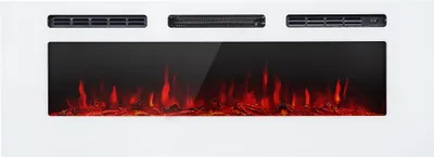 A white electric fireplace with a black glass front displaying a simulated flame effect.