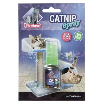 A product package for catnip spray, featuring images of cats and the product itself.