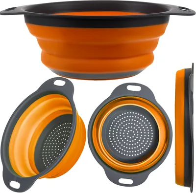Collage of a collapsible silicone colander in orange and gray.