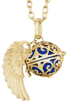 Produktbild von Morella Damen Halskette gold Edelstahl 70 cm mit goldenem Anhänger Engelsflügel und Klangkugel Zirkonia blau Ø 16 mm in Schmuckbeutel