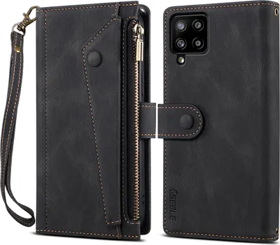 Image de Etui de protection pour Samsung Galaxy A42 5G, étui en cuir avec fermeture éclair, portefeuille pliable avec fente pour cartes, support et sangle noir