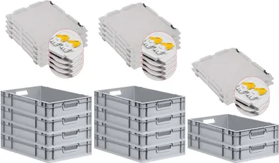 Produktbild von SuperSparSet 10x Eurobox NextGen Grip mit Scharnierdeckel und gelben Schiebeschnappverschlüssen | HxBxT 12x40x60cm | 23 Liter | Grau | Griffe offen | Glatter Boden | Eurobehälter, Transportbox, Transportbehälter, Stapelbehälter