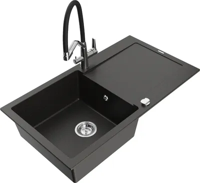 Produktbild von Mexen Leo 1 Becken-Granitspüle mit Abtropffläche und Mischbatterie Duo, Schwarz/Gold metallisch - 6501-75-671701-07