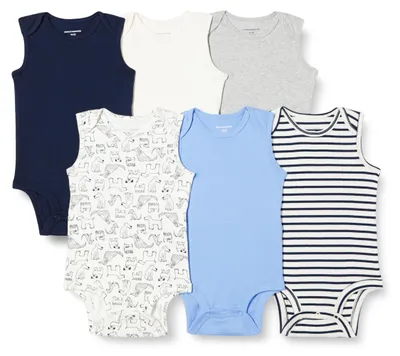 Zdjęcie produktu dla A. Zestaw 6 body bez rękawów dla niemowląt (unisex) wykonanych z bawełnianej dzianiny