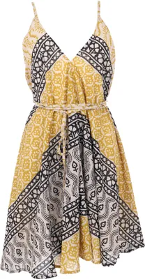 Produktbild von Wandelbares Minikleid aus Baumwolle, Handbedrucktes Sommerkleid - Beige/gelb, Damen, Kleider
