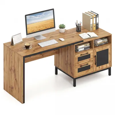 Image de COSTWAY 181 x 60 x 76 cm, table d'appoint en plastique imitation bois, avec 2 compartiments ouverts, 2 tiroirs, une armoire à une porte, des poignées et des pieds surélevés