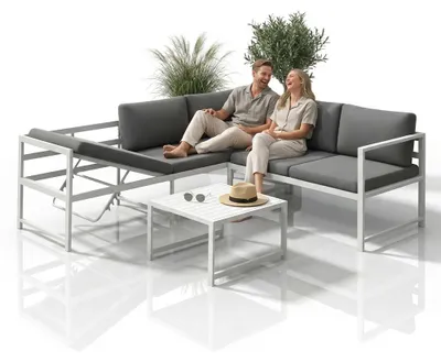 Immagine prodotto di Mucola gruppo di sedute divano angolare in alluminio con funzione reclinabile resistente alle intemperie tavolo grigio set da giardino mobili da patio - bianco