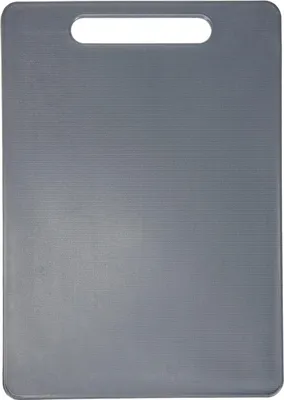 A gray cutting board with a handle is shown from a top-down perspective.