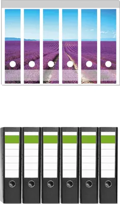 Produktbild von Wallario 6 Stück breite Ordner inkl. Klebeetiketten mit Motive Lavendelfeld unter blauem Himmel -  Set mit Rückenschildern / Ordnerrücken Stickern