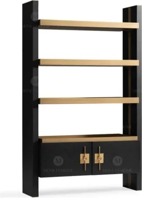 Zdjęcie produktu dla Designerska szafka z półkami Drewniana szafka w kolorze czarnego złota