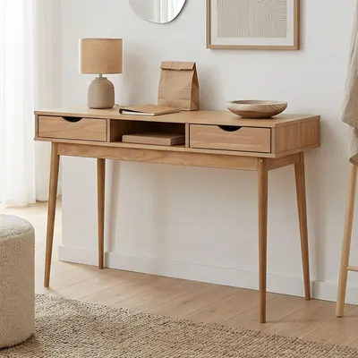 Produktbild von Schreibtisch STEFANO Eiche farben - Bürotisch mit 2 Schubladen und Fach aus Massivholz, Home Office Tisch, moderner Arbeitstisch