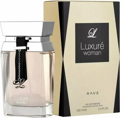 A perfume bottle and its packaging are displayed against a neutral background.