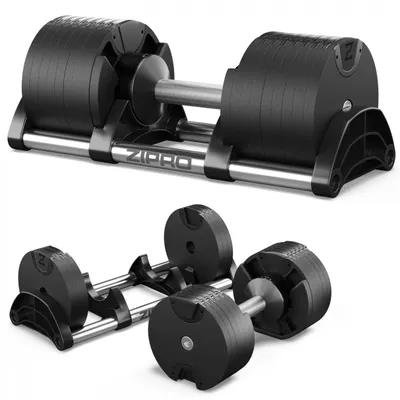 A set of adjustable dumbbells on a stand and a single dumbbell.
