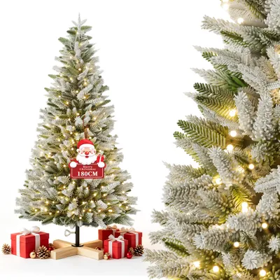 Obrázek produktu pro Umělý vánoční stromek LARS360, výška 180 cm, s dřevěnou podstavou a LED osvětlením, typ D, s efektem sněhu, vyrobený z PVC a PE, 8 světelných režimů, teplá bílá barva