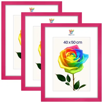 Produktbild von MG Design 3er Set Bilderrahmen 40 x 50 cm - Posterrahmen mit Rosa Echtholzrahmen und bruchsicherem Acrylglas, Hoch & Quer mit stabiler Wandaufhängung