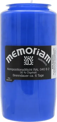 Produktbild von MEMORIAM-Kompositionsöllicht, Blau, Nr. 736, AETERNA, 30% Ölgehalt, Brenndauer ca. 6 Tage, 136/68 mm, Karton mit 20 Stück