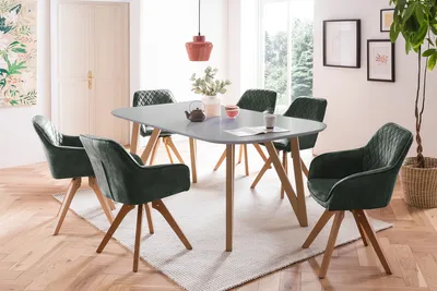 Produktbild von SalesFever Essgruppe 5-tlg. | 180 x 90 cm | Tisch MDF grau matt + Eichengestell | 4x Drehstuhl Samtvelours + Stuhlbeine Buche | dunkelgrün