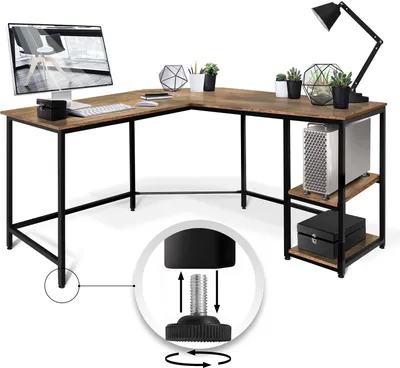 Produktbild von MIADOMODO® Schreibtisch - L förmiger, 138x138x76cm, Vintagebraun/Schwarz, Industriestil, 2 Ablagen, Kabeldurchführung, verstellbare, Metallrahmen - Eckschreibtisch, Computertisch, Bürotisch, Homeoffice