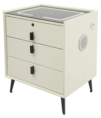 Obrázok produktu pre Nočný stolík – s 3 zásuvkami – bezdrôtové nabíjanie – LED v 3 farbách – sklo – 50×40×59 cm – zástrčka EÚ – biela