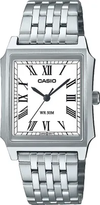 A close-up studio shot of a silver Casio watch with a white face and Roman numerals.
