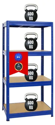 Produktbild von Schwerlastregal DINO | HxBxT 180x90x60cm | 4 MDF-Platten-Ebenen 6,5 mm | Fachlast 600kg | Blau