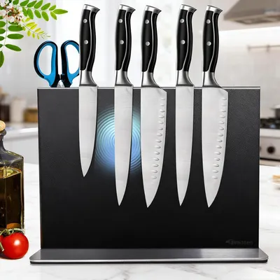 Image de Bloc à couteaux magnétique, sans couteaux, en acier inoxydable, noir, 30 cm, double face