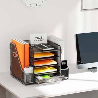 Produktbild von Unyqoos® Schreibtisch-Organizer – Metallgitter 34 x 28 x 30 cm, 5 verstellbare Fächer, 2 Magazinhalter, 2 Stifthalter, Schublade für Büro & Homeoffice