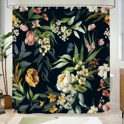 Obrázek produktu pro Sprchový závěs 180 x 180 cm, černý s květinovým vzorem, z vodoodpudivého polyesteru, včetně 12 háčků, elegantní dekorace do koupelny