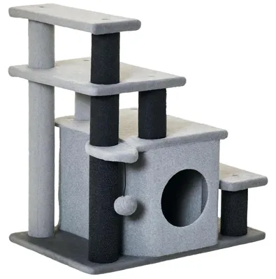 Image de Escalier pour animaux de compagnie PawHut, modèle à 3 ou 4 marches, rampe pour chiens avec niche, escalier pour chats, couleur grise