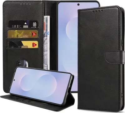Produktbild von Geeignet für Samsung Galaxy S25 Edge Handytasche Kunstleder mit magnetischer Lippe und Kartenhalter Buchhülle mit Klappe - Wallet Case mit Kartenfach - Schwarz - Smartphonics
