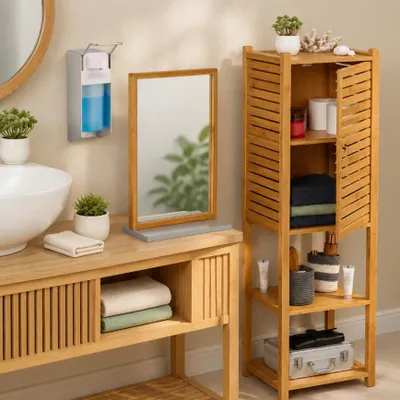Productafbeelding van Bamboe badkamer set (3-delig) – opbergkastje, zeepdispenser met pomp en wandplank met spiegel