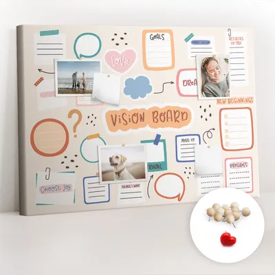 Obrázek produktu pro Korková nástěnka s kolíčky - Tabule s kolíky pro fotografie a poznámky - 100x70 cm - Připínáčky dřevěné 100 kusů - Barevná tabule vizí
