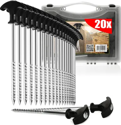 Immagine prodotto di com-four® 20x picchetti in acciaio per tende - robusti picchetti con filettatura in scatola di trasporto, per il campeggio e l'uso all'aperto - ideali per terreni normali e duri, con impugnatura a T