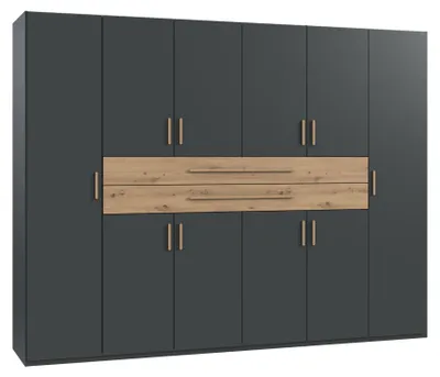 Obrázek produktu pro Skříň s otočnými dvířky, šatní skříň, šedá barva (grafit), rozměry 270 cm, zásuvky, úchytky z dubu Artisan / 22643